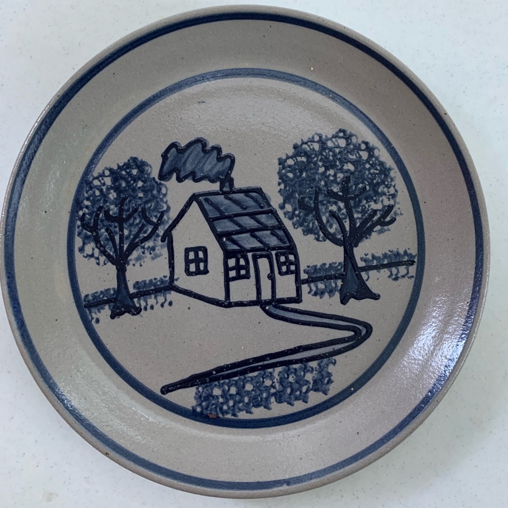 Beaumont Brothers pottery salt glazed plate with house and tree designs